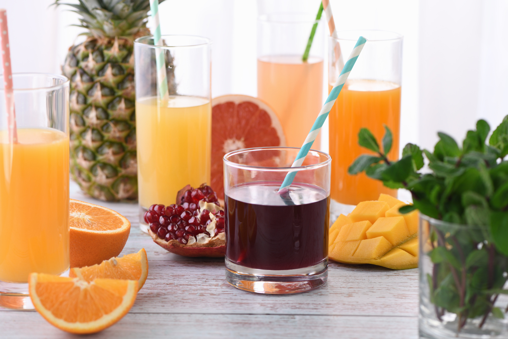 Freshly prepared citrus juices from orange, grapefruit, pomegranate, pineapple, mango.